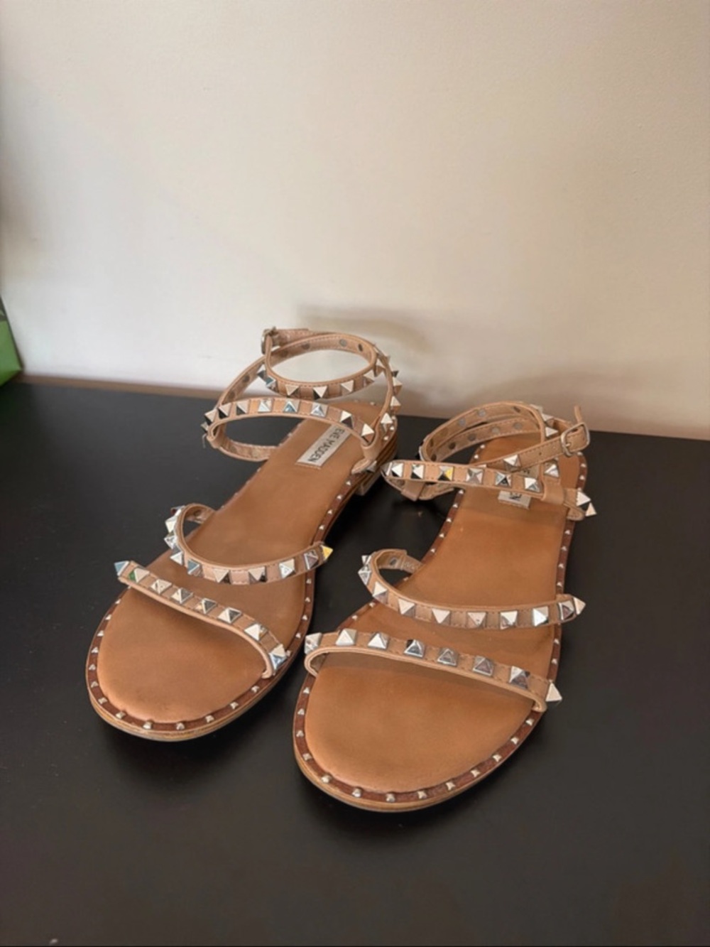 Studded Tan Leather Ankle-Strap Sandals - Women